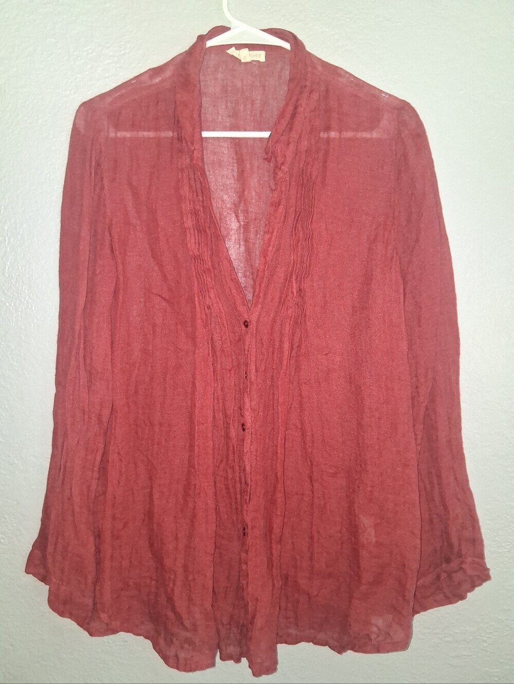 Eileen Fisher 100% Linen Lightweight Button Down Top Burnt Red Lagenlook  L